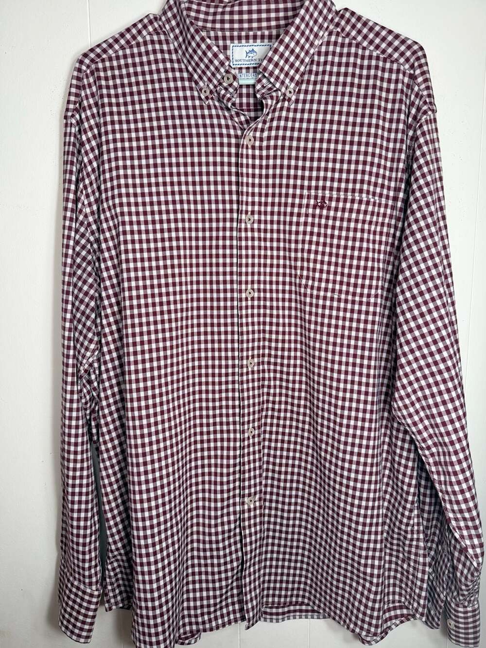 Southern Tide Intercoastal Gingham Check Long sleeve Button Maroon White XL